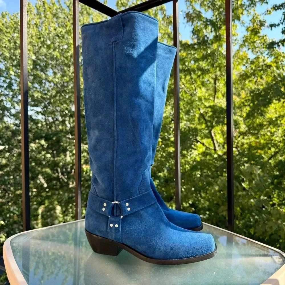 New Free People Suede Knee-High Moto Boots Lockhart Blue Womens Size 6 - Picture 15 of 16